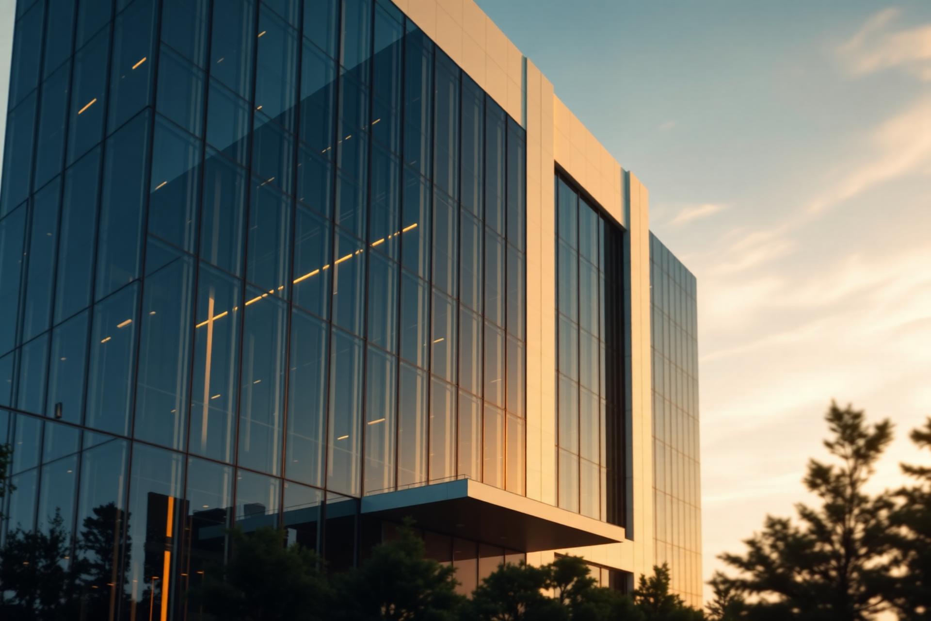 Edificio corporativo de cristal al atardecer